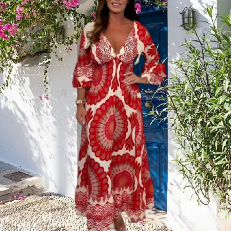 🔥Damen Retro Boho Maxi Kleid mit tiefem V-Ausschnitt🔥