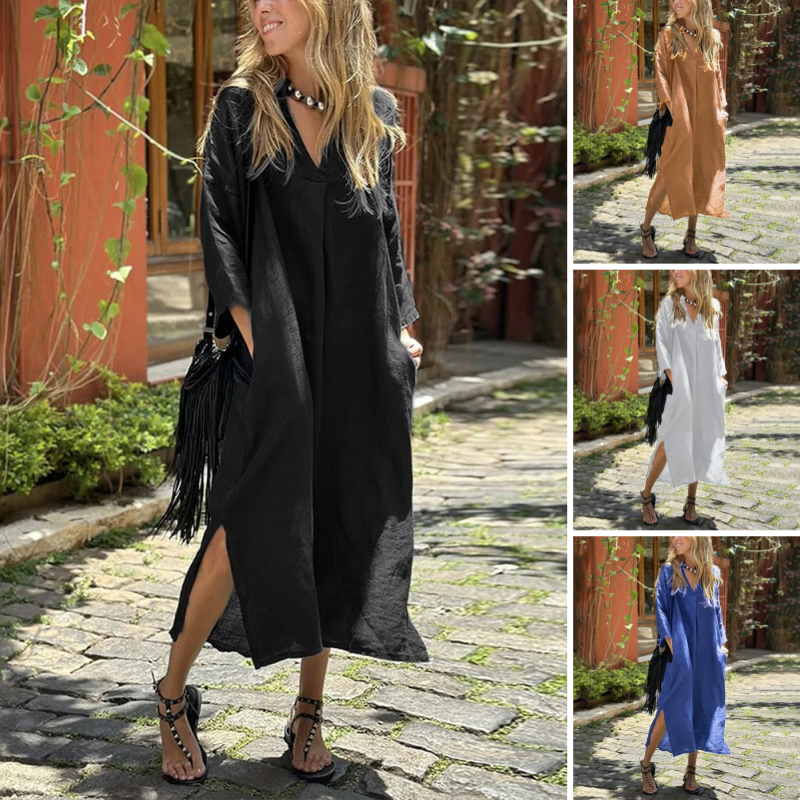 Langes Damen-Freizeitkleid mit V-Ausschnitt, Taschen und Schlitzsaum