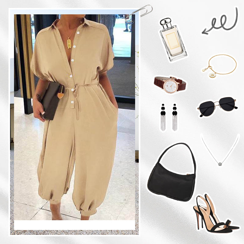 Lässiger, lockerer, kurzärmliger Jumpsuit mit Knopfleiste für Damen