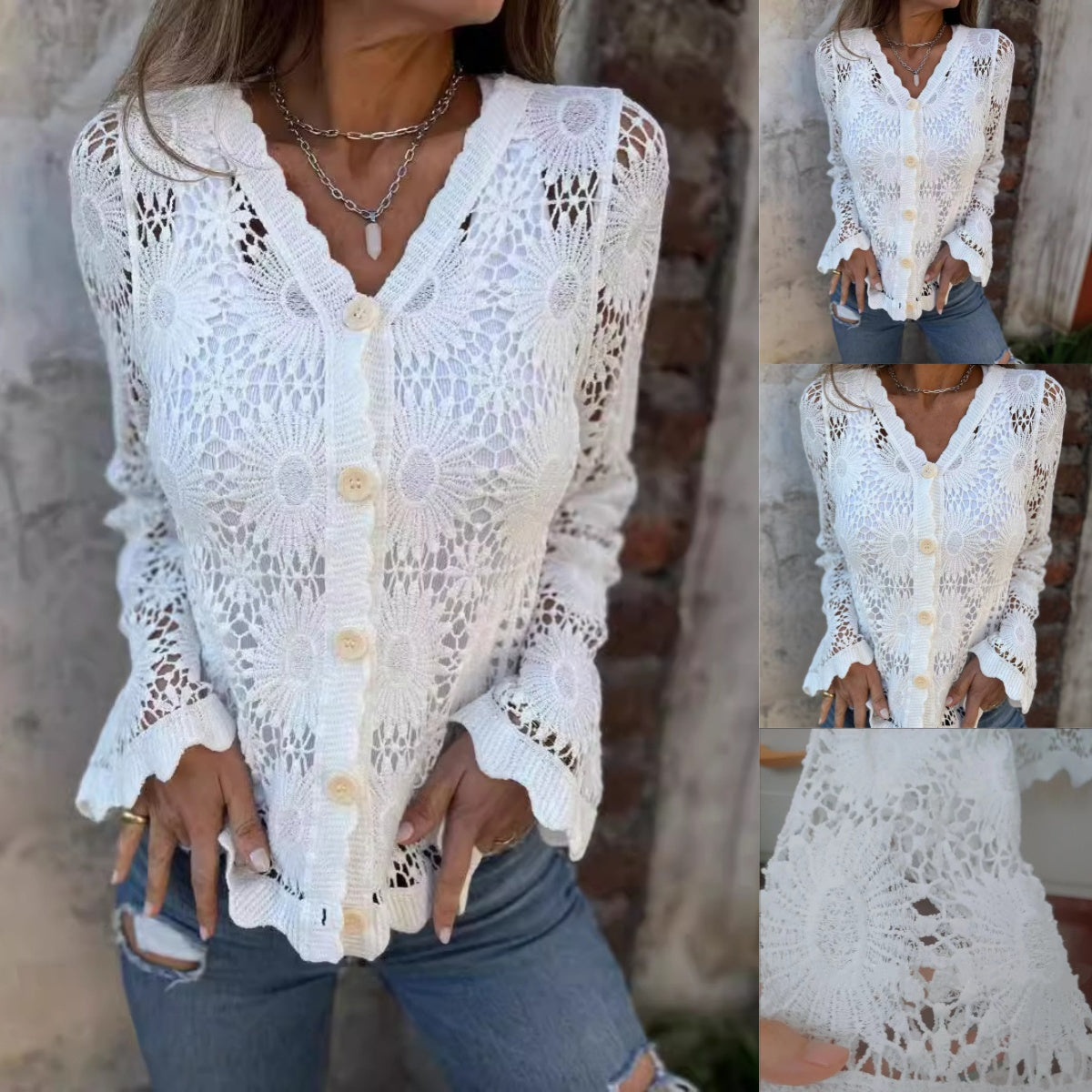 🌸Sommer Hot Sale 49%OFF🌸Langärmeliges Top mit V-Ausschnitt aus Spitze für Frauen