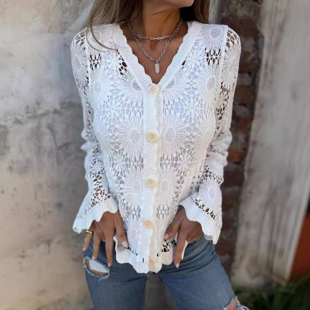 🌸Sommer Hot Sale 49%OFF🌸Langärmeliges Top mit V-Ausschnitt aus Spitze für Frauen