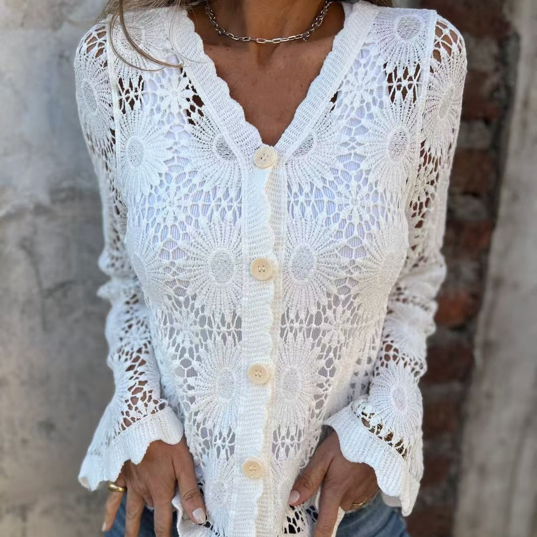 🌸Sommer Hot Sale 49%OFF🌸Langärmeliges Top mit V-Ausschnitt aus Spitze für Frauen