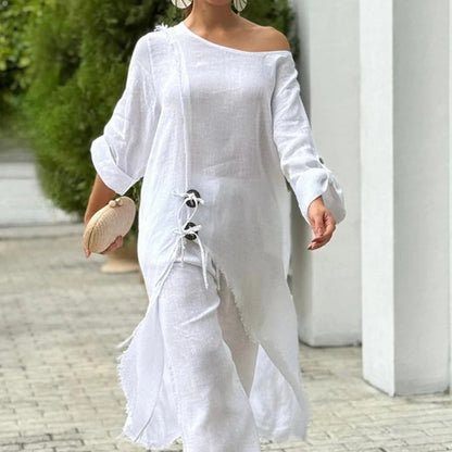 Modisches, einfarbiges, schräge Schulterpartie, langes Oberteil und Hose, zweiteiliges Set für Damen
