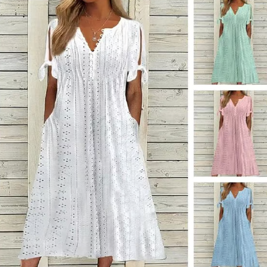 🌸💐Elegantes Kleid mit V-Ausschnitt und Hohlkehle für Frauen🚀Kaufen Sie 2 und erhalten Sie kostenlosen Versand🚀