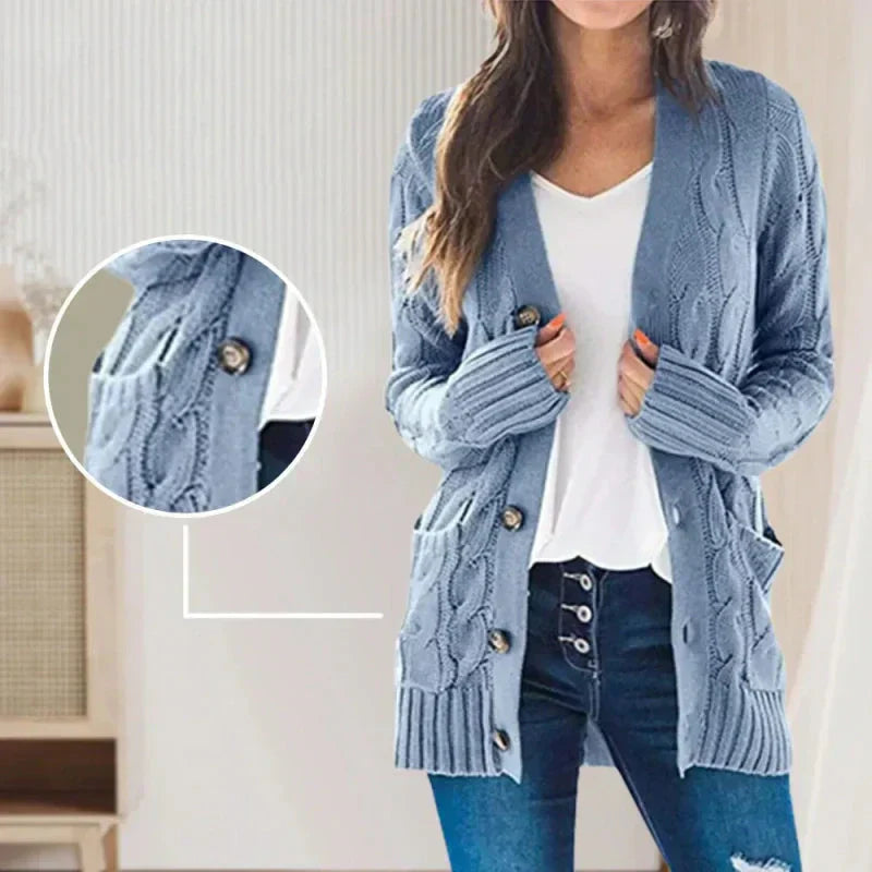 Lässige Damen-Strickjacke für Herbst mit langen Ärmeln, Knopfleiste und offenem Vorderteil