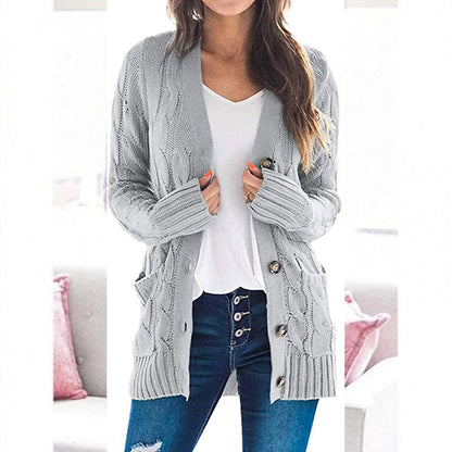 Lässige Damen-Strickjacke für Herbst mit langen Ärmeln, Knopfleiste und offenem Vorderteil
