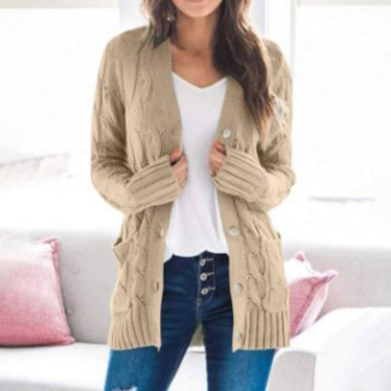 Lässige Damen-Strickjacke für Herbst mit langen Ärmeln, Knopfleiste und offenem Vorderteil