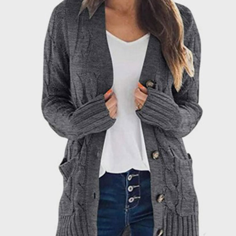 Lässige Damen-Strickjacke für Herbst mit langen Ärmeln, Knopfleiste und offenem Vorderteil