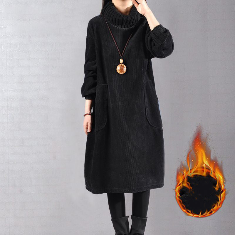 Hochgeschlossenes, lockeres Maxikleid aus Cord für Damen