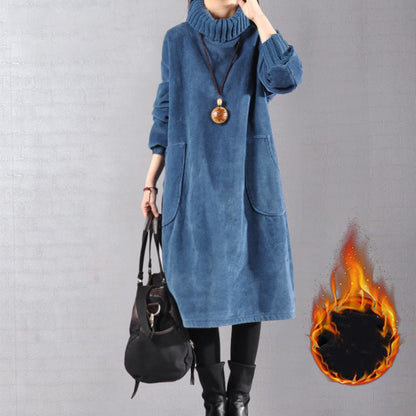 Hochgeschlossenes, lockeres Maxikleid aus Cord für Damen