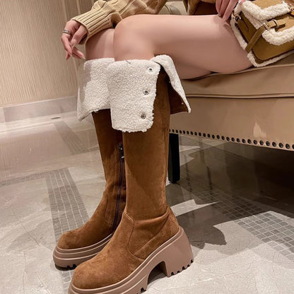 Damen Overknee-Stiefel mit Umschlag und Plüschfutter