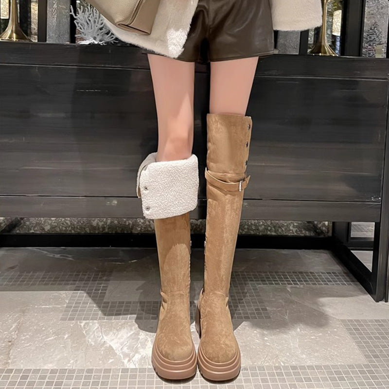 Damen Overknee-Stiefel mit Umschlag und Plüschfutter
