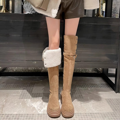 Damen Overknee-Stiefel mit Umschlag und Plüschfutter