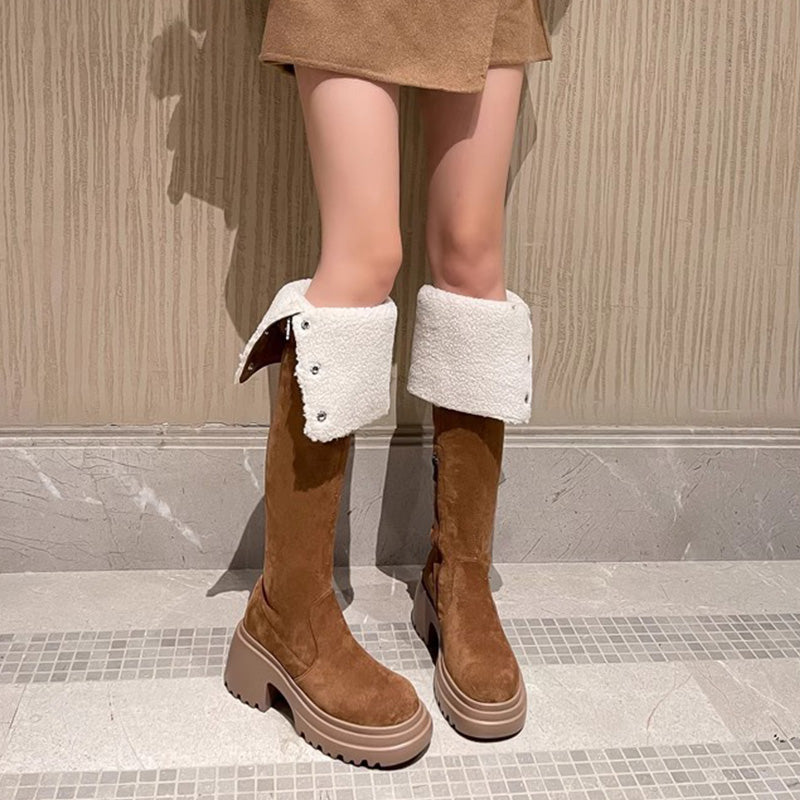 Damen Overknee-Stiefel mit Umschlag und Plüschfutter