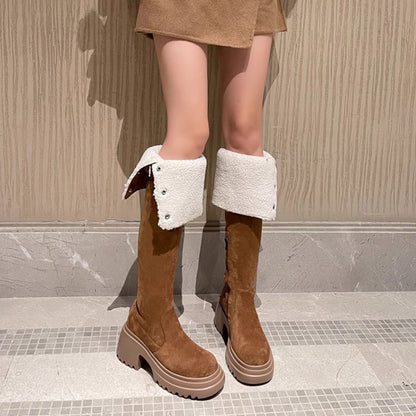 Damen Overknee-Stiefel mit Umschlag und Plüschfutter