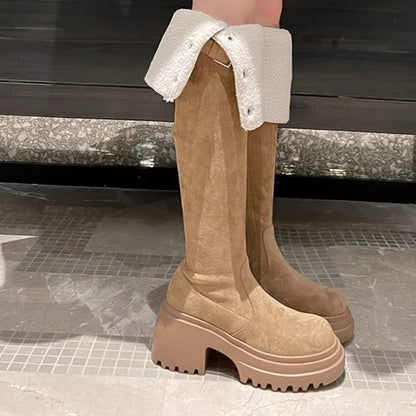 Damen Overknee-Stiefel mit Umschlag und Plüschfutter