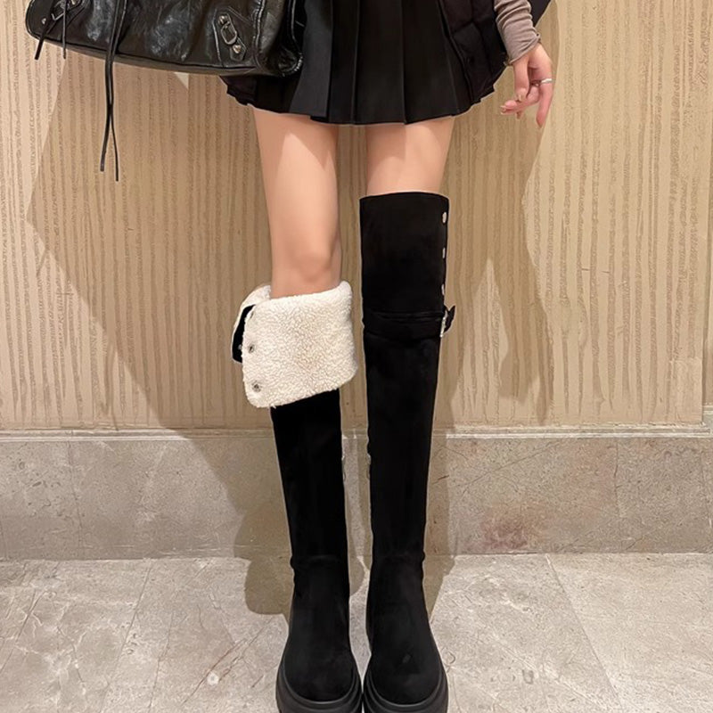Damen Overknee-Stiefel mit Umschlag und Plüschfutter