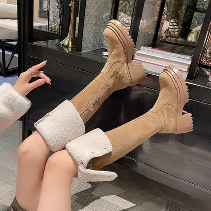 Damen Overknee-Stiefel mit Umschlag und Plüschfutter