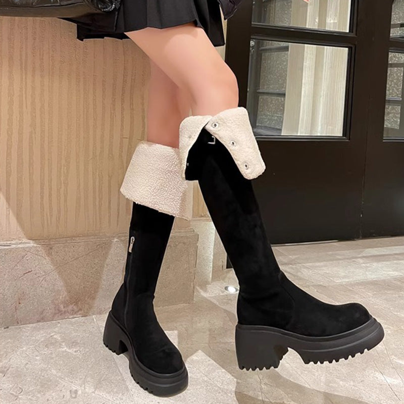 Damen Overknee-Stiefel mit Umschlag und Plüschfutter