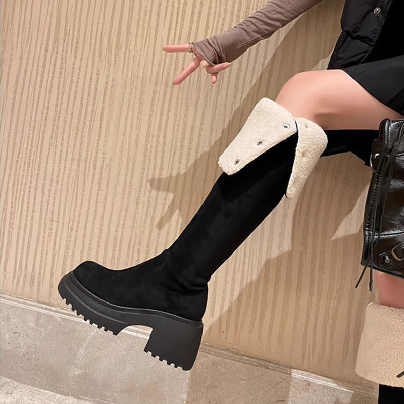 Damen Overknee-Stiefel mit Umschlag und Plüschfutter