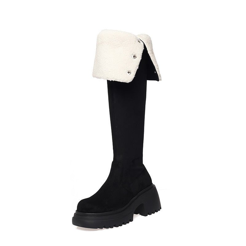 Damen Overknee-Stiefel mit Umschlag und Plüschfutter