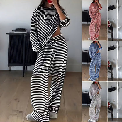 Gestreiftes 2-teiliges Loungewear-Set für Damen mit langen Ärmeln