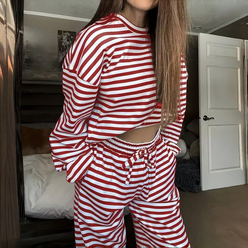 Gestreiftes 2-teiliges Loungewear-Set für Damen mit langen Ärmeln