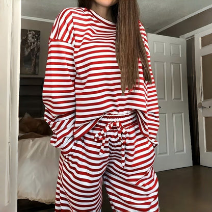 Gestreiftes 2-teiliges Loungewear-Set für Damen mit langen Ärmeln
