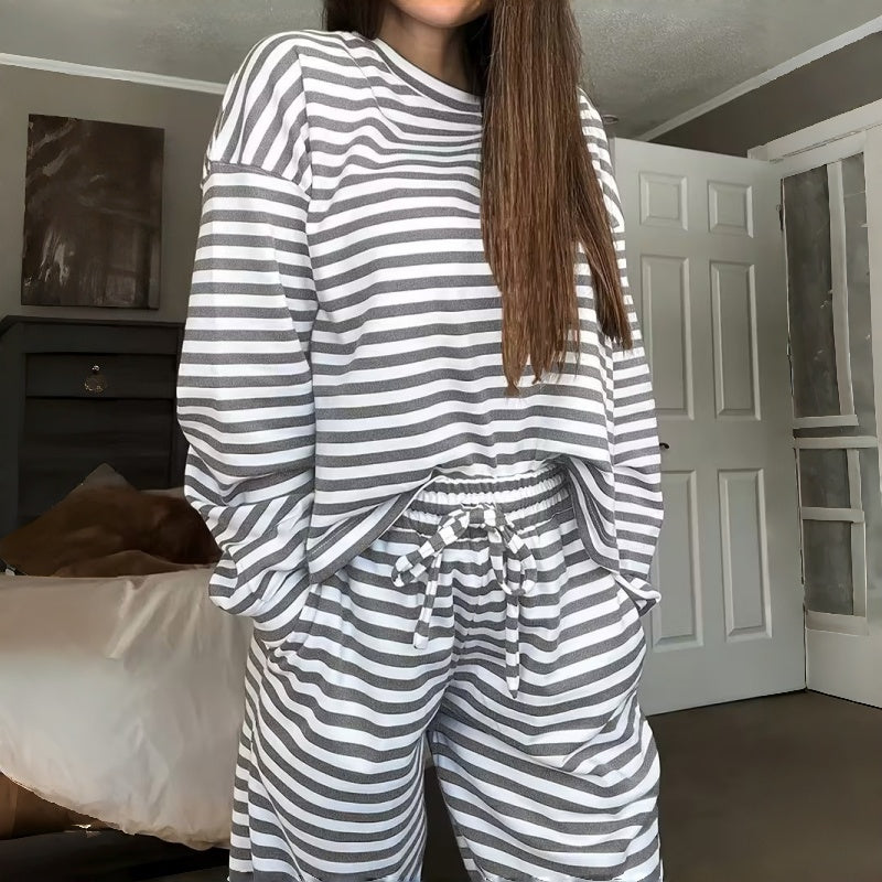 Gestreiftes 2-teiliges Loungewear-Set für Damen mit langen Ärmeln