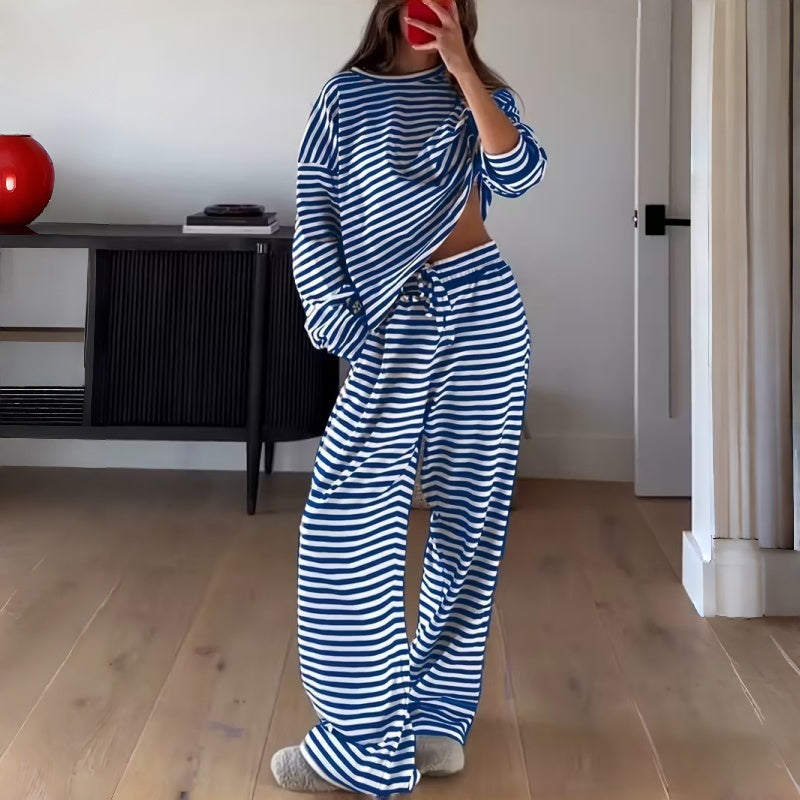 Gestreiftes 2-teiliges Loungewear-Set für Damen mit langen Ärmeln