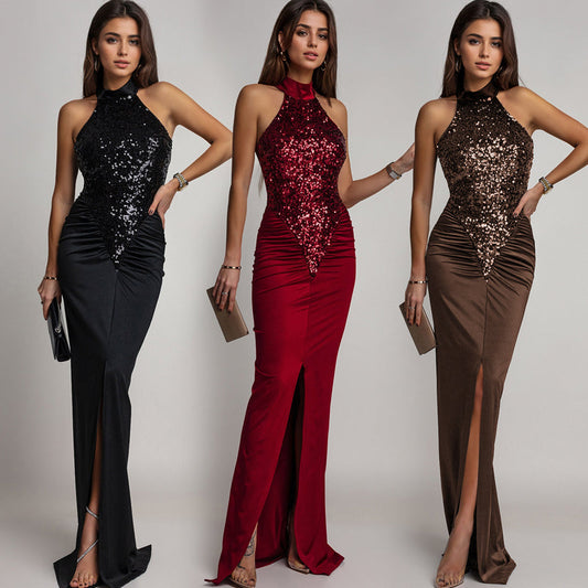 Wunderschönes Neckholderkleid mit Schlitz und Pailletten für Damen