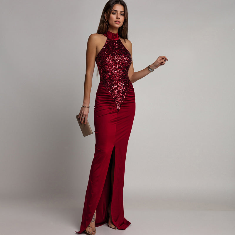 Wunderschönes Neckholderkleid mit Schlitz und Pailletten für Damen