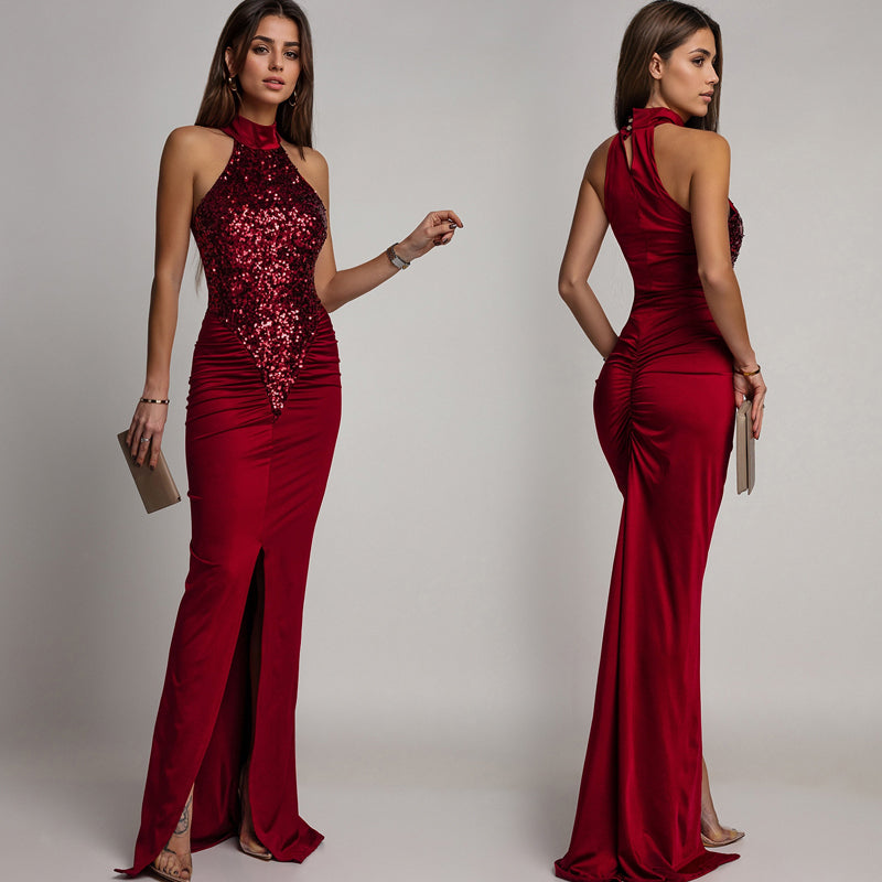 Wunderschönes Neckholderkleid mit Schlitz und Pailletten für Damen