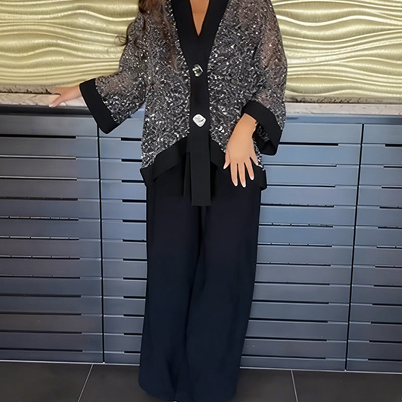 2-teiliges Set aus Damen-Strickjacke mit V-Ausschnitt und Pailletten sowie weit geschnittener Hose