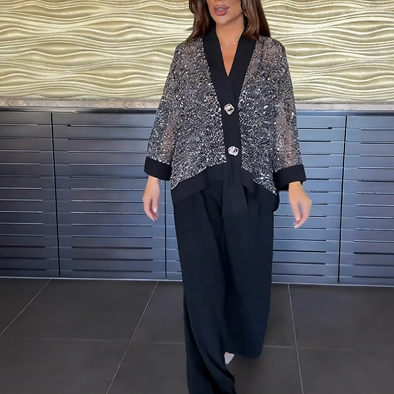 2-teiliges Set aus Damen-Strickjacke mit V-Ausschnitt und Pailletten sowie weit geschnittener Hose