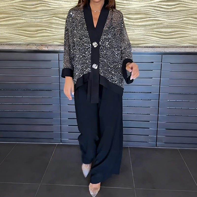 2-teiliges Set aus Damen-Strickjacke mit V-Ausschnitt und Pailletten sowie weit geschnittener Hose