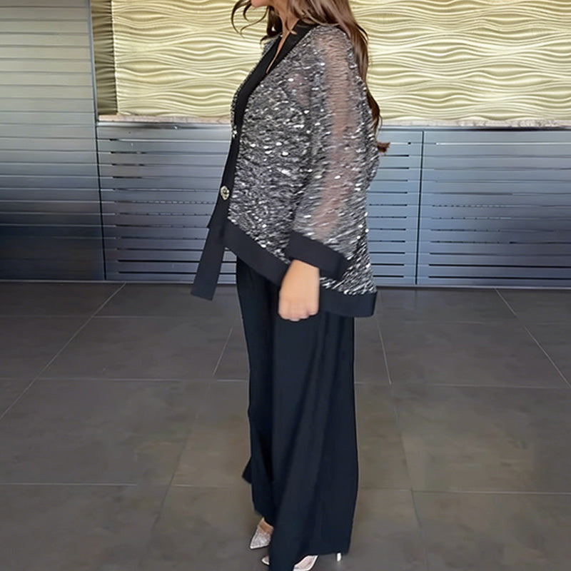 2-teiliges Set aus Damen-Strickjacke mit V-Ausschnitt und Pailletten sowie weit geschnittener Hose