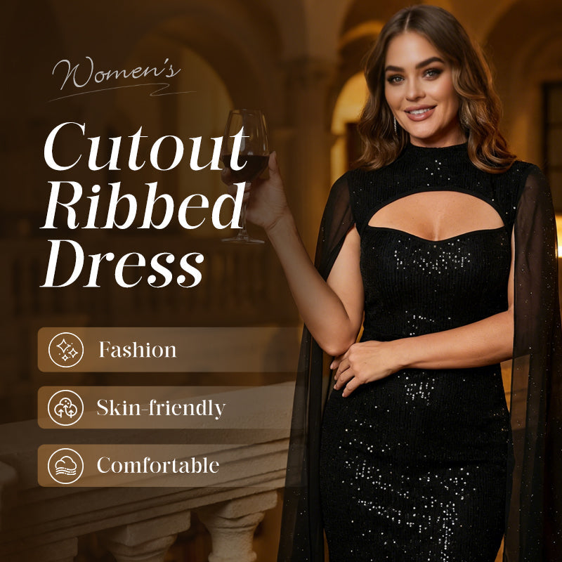 Ausgeschnittenes, geripptes Kleid für Damen mit Chiffon-Cape🔥Kauf 2 Artikel versandkostenfrei