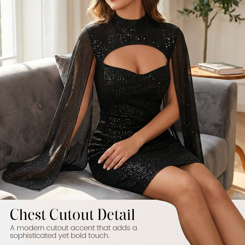 Ausgeschnittenes, geripptes Kleid für Damen mit Chiffon-Cape🔥Kauf 2 Artikel versandkostenfrei