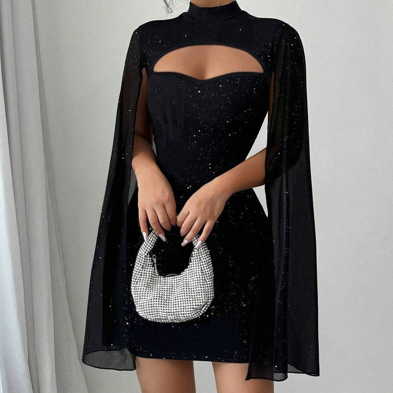 Ausgeschnittenes, geripptes Kleid für Damen mit Chiffon-Cape🔥Kauf 2 Artikel versandkostenfrei