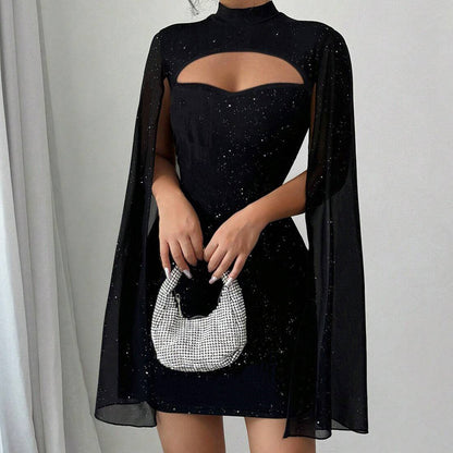 Ausgeschnittenes, geripptes Kleid für Damen mit Chiffon-Cape🔥Kauf 2 Artikel versandkostenfrei