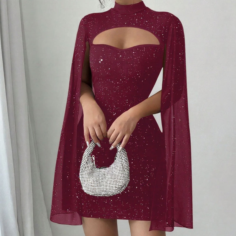 Ausgeschnittenes, geripptes Kleid für Damen mit Chiffon-Cape🔥Kauf 2 Artikel versandkostenfrei