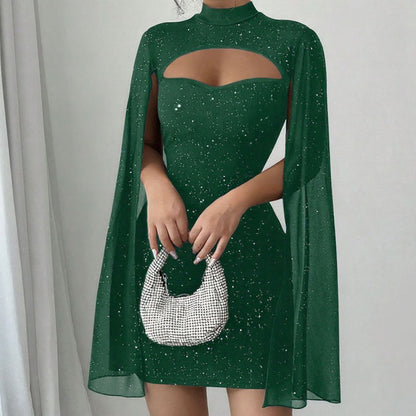 Ausgeschnittenes, geripptes Kleid für Damen mit Chiffon-Cape🔥Kauf 2 Artikel versandkostenfrei