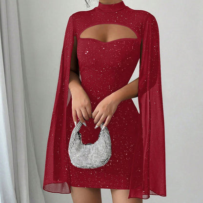 Ausgeschnittenes, geripptes Kleid für Damen mit Chiffon-Cape🔥Kauf 2 Artikel versandkostenfrei