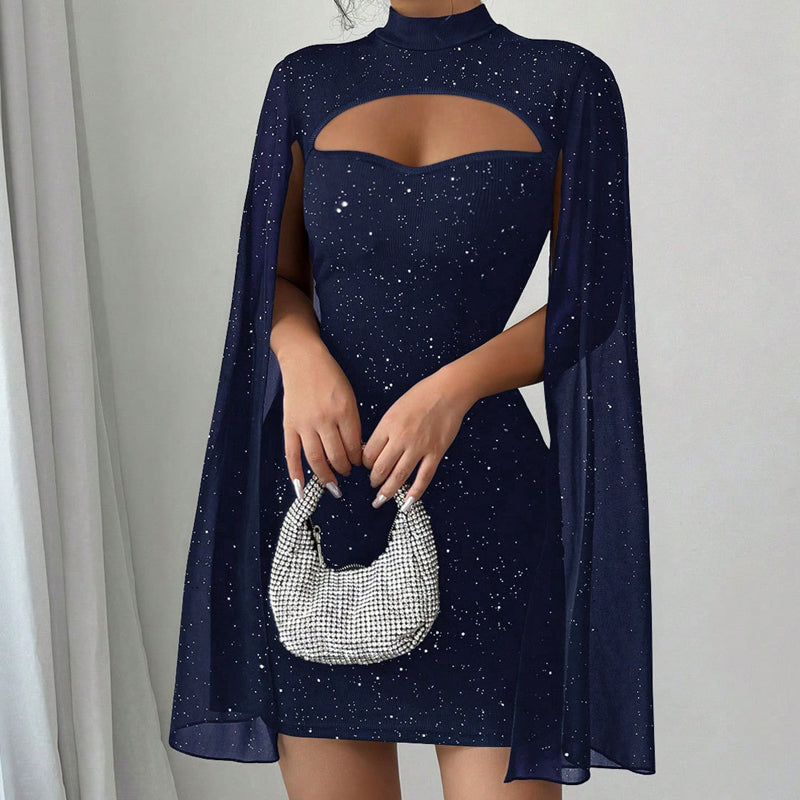 Ausgeschnittenes, geripptes Kleid für Damen mit Chiffon-Cape🔥Kauf 2 Artikel versandkostenfrei
