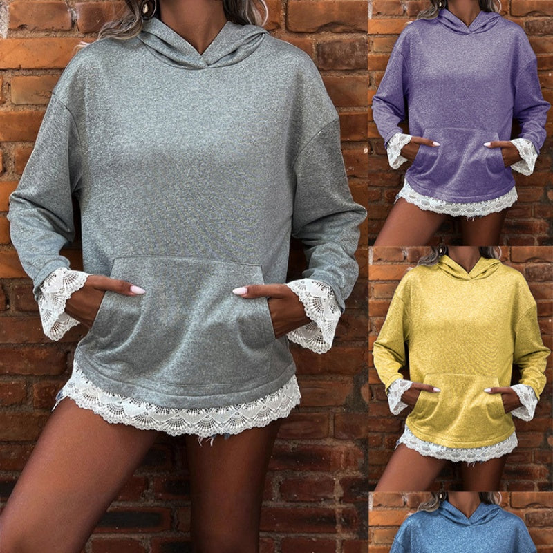 Damen Langarm-Hoodie mit Spitzenbesatz