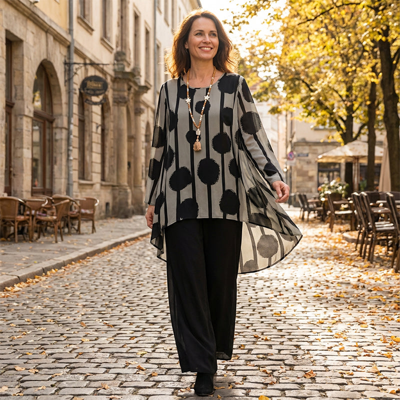 Damen-Set aus asymmetrischem Oberteil und Hose mit Print