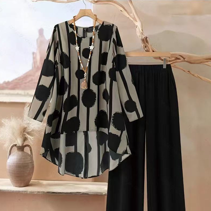 Damen-Set aus asymmetrischem Oberteil und Hose mit Print