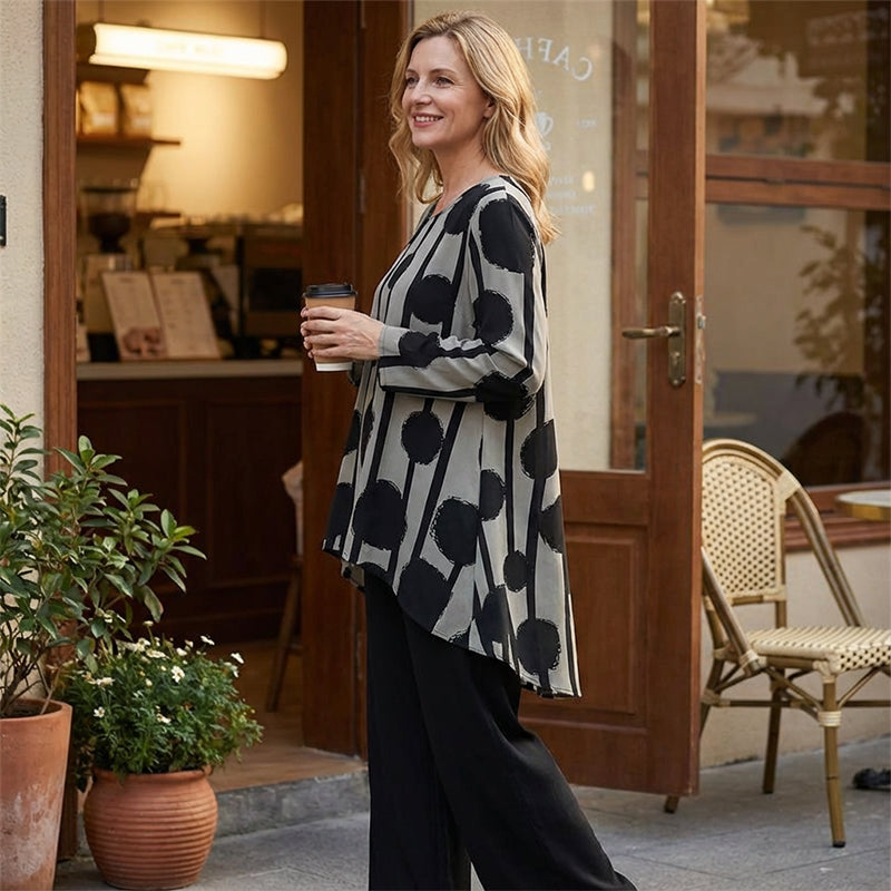 Damen-Set aus asymmetrischem Oberteil und Hose mit Print