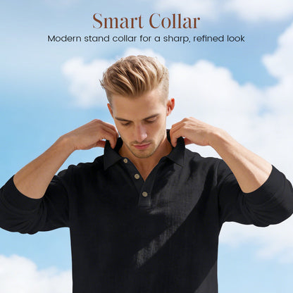 👕🌞 Herren 2-teiliger Freizeit-Set – Leinen Polo-Shirt mit langen Ärmeln & Lange Hose, Ideal für Frühling & Sommer